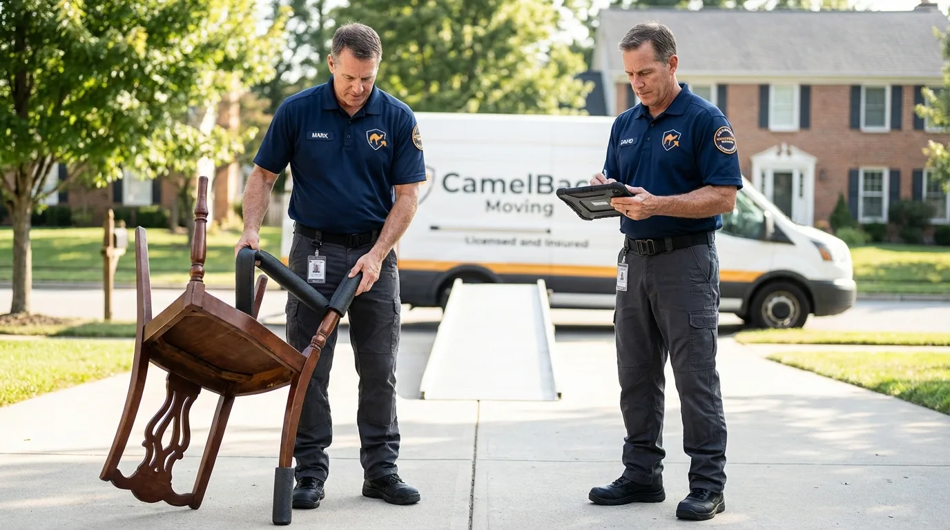 Movers inspecting furniture for damage prevention before loading in Prescott, AZ